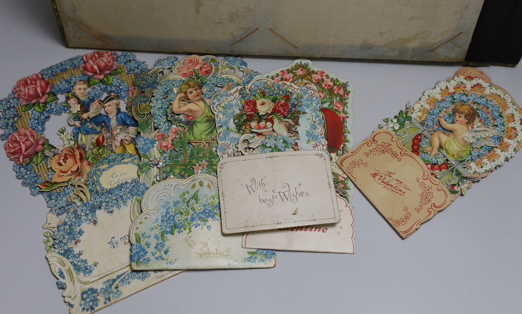 Five Victorian chromo-lithographic Valentine cards and a Japanese album of paintings - the latter a.f.